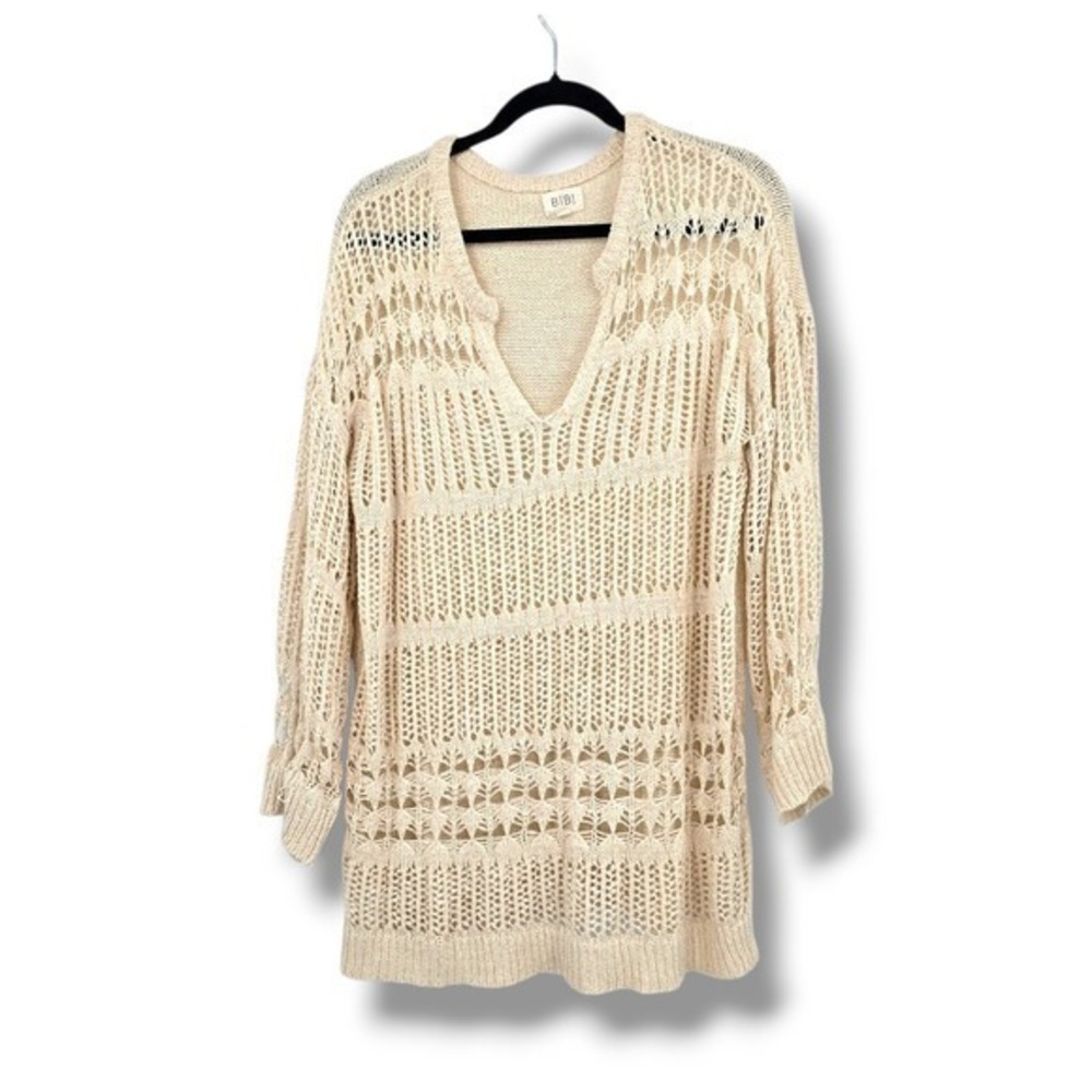 BiBi Boho Open Knit Sweater Tunic Cover Up V‎ Neck Long Sleeve Beige XL